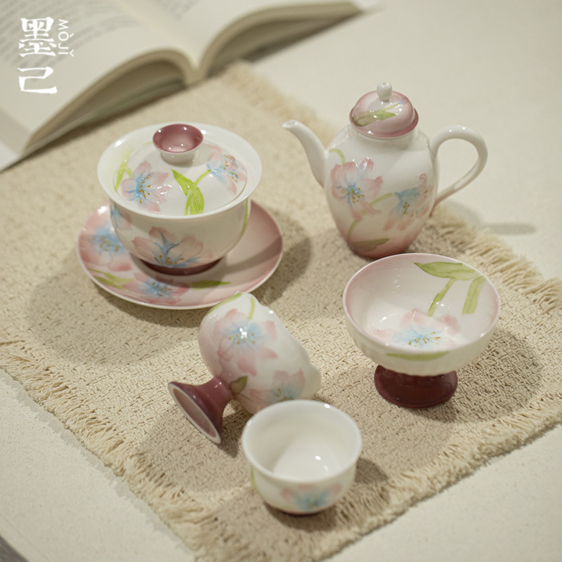 墨己绯粉露染牡丹手绘有田烧茶具合集功夫茶具陶瓷茶壶主人杯茶杯|undefined