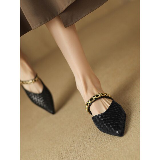 Vintage Baotou Flat Half Slippers Women's Summer Outer Wear Metal Chain Sandals and Slippers Pointed Low Heel Mueller Shoes