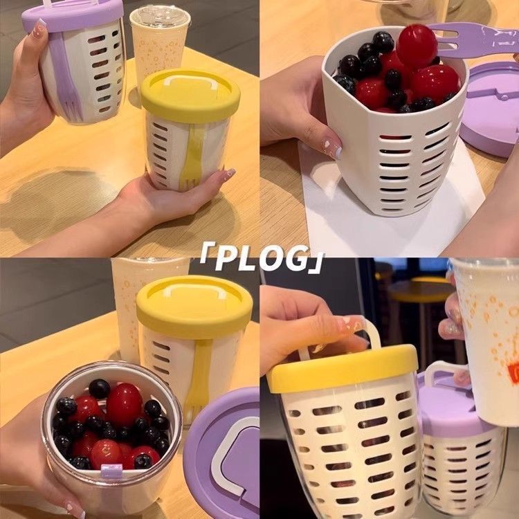 フルーツカップポータブルドレイン可能なフォーク付きインスタイル朝食サラダカップピクニック用フルーツカップオートミールカップ|undefined