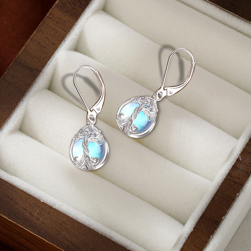 925 plata esterlina pendientes de piedra de luna para mujeres Europa y América ligera lujo pendientes de alta sensación Amazon transfronterizos árbol de la vida pendientes