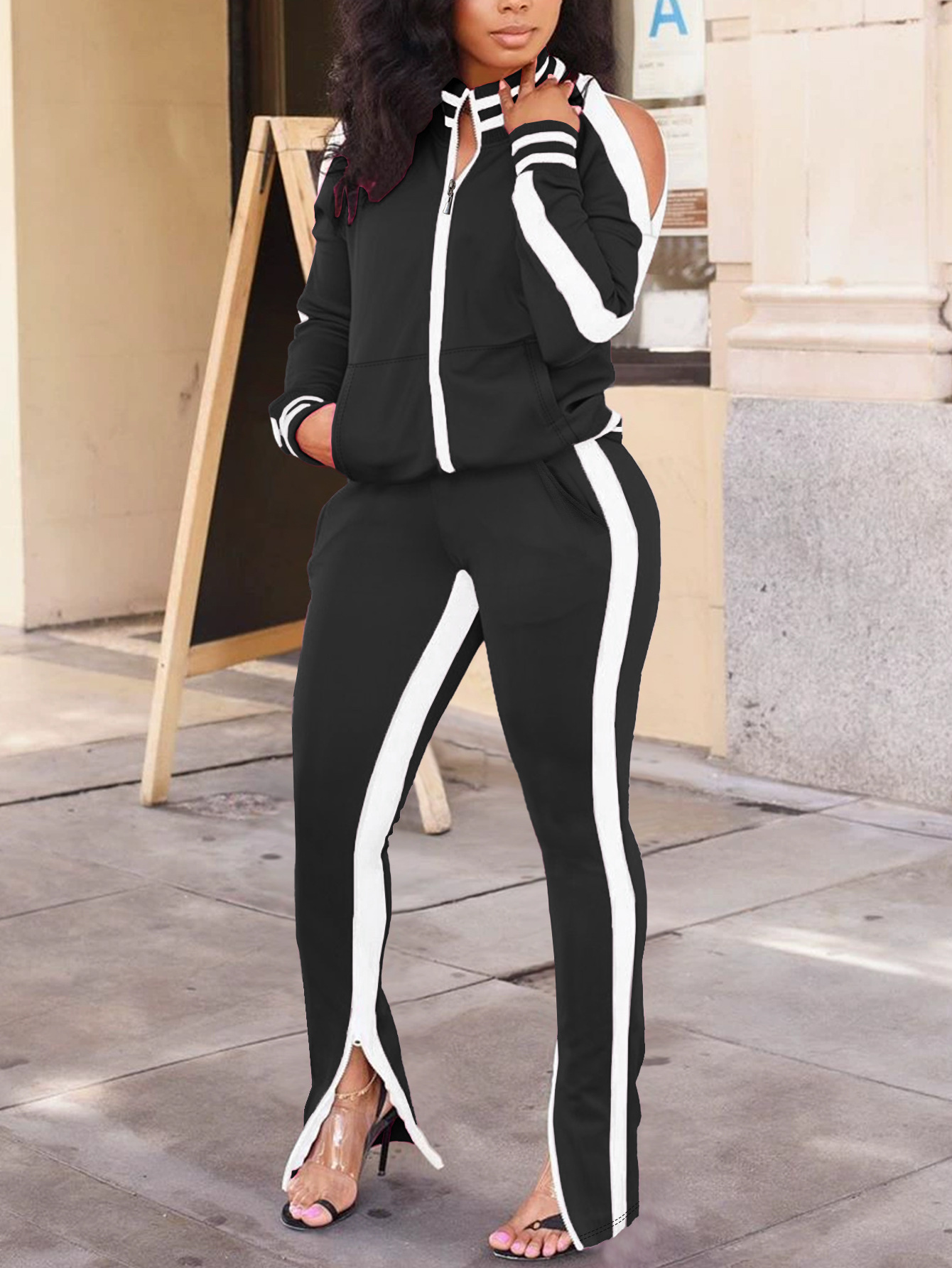 Women's Long Sleeve Round Neck Top With Pants 2-Piece Set Side Striped Casual Outfit Comfortable Daily Wear_ecoleips.com