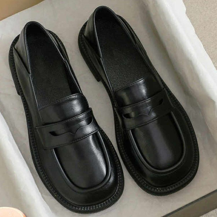 Black British small leather shoes for women with thick heels 2023 spring and autumn new style slip-on thick heel loafers round toe two-wear women's shoes