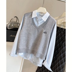 韩系学院风两件套减龄设计感POLO领衬衫女刺绣V领针织马甲套装