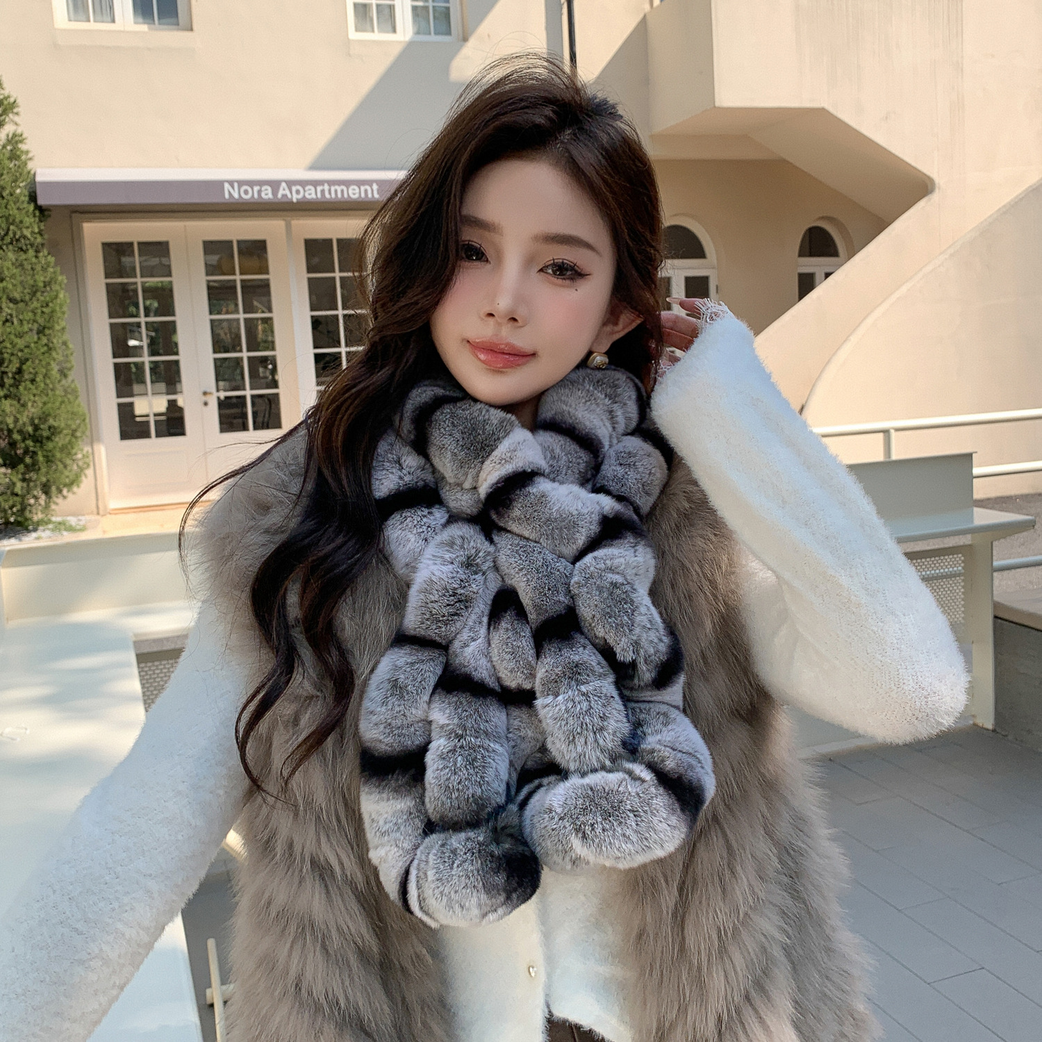 韩版獭兔毛围巾荷叶边双面皮草围巾围脖秋冬保暖毛领子女高级感