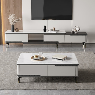 Modern Simple Retractable Italian Light Luxury Rock Board Coffee Table TV Cabinet Combination Solid Wood Floor Cabinet for Small Apartment Living Room