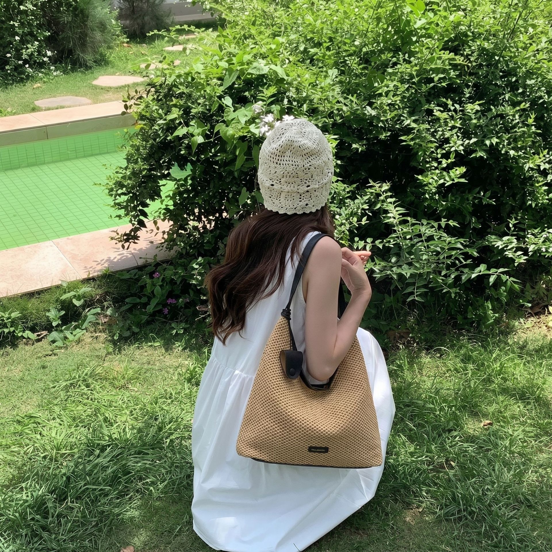 Sommerliche Stroh-Einkaufstasche im französischen Stil, Strandtasche, gestreift, gewebt, 2026_voghion.com
