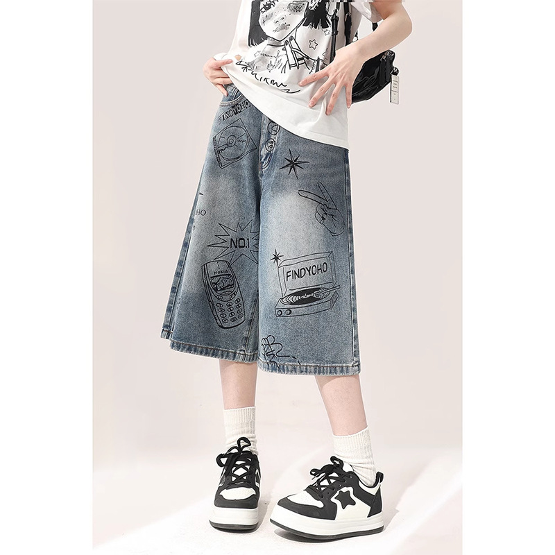 Graffiti 7 Seven Points Denim Shorts Women's Summer American Style Retro Loose Couple's Straight Wide Legs 5 Five Points Trendy Pants