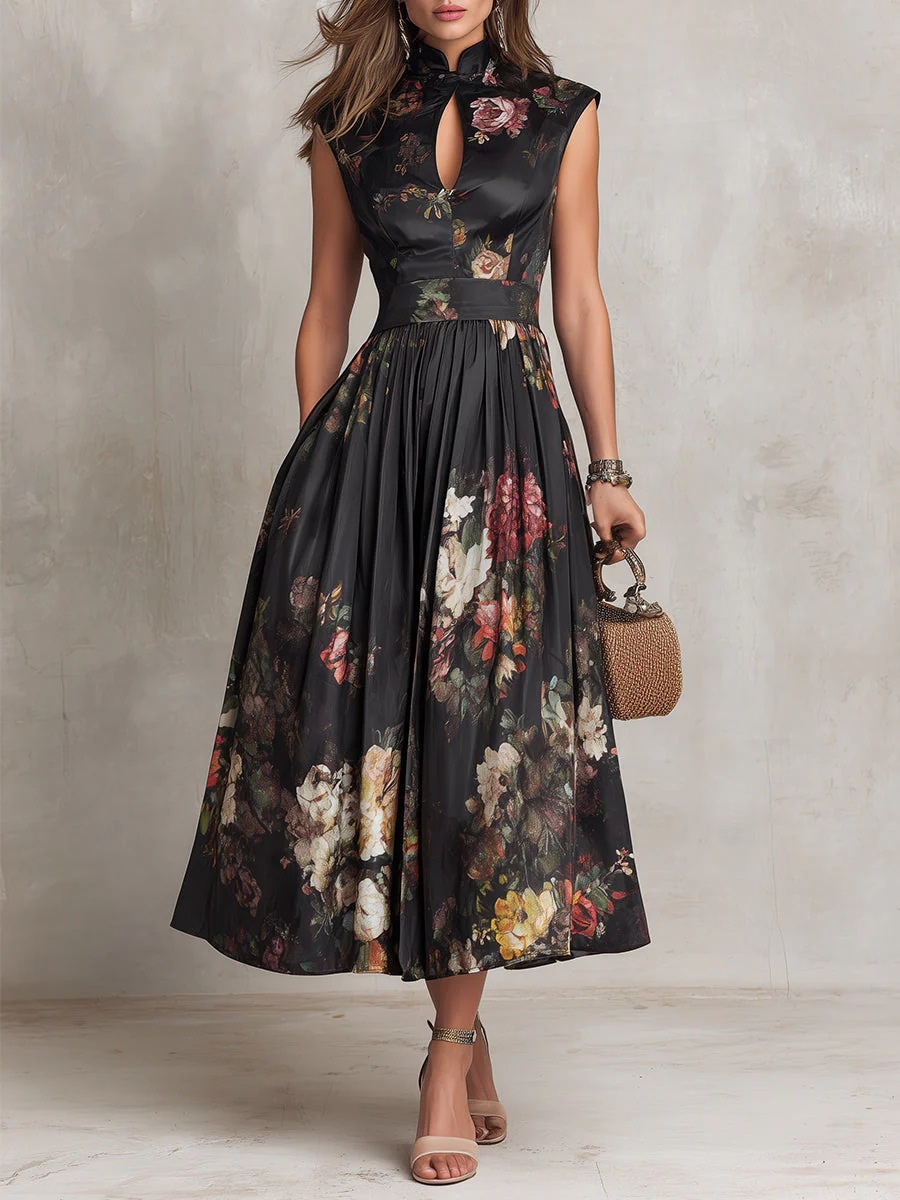 2026 European and American Women's Fashion Amazon Sleeveless Black Digital Print Long Dress with 3D Floral Design Slim Fit Dress