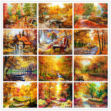 跨境专供热销爆款diy钻石画5d深秋森林风景十字绣客厅欧式装饰画