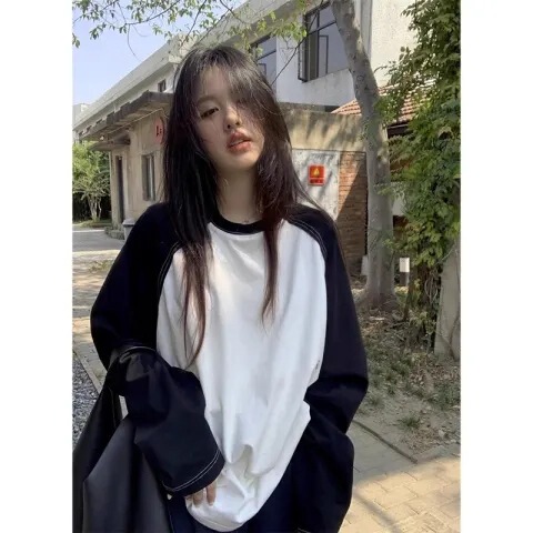 2023 autumn new black and white contrast color bag edge collar loose large version raglan sleeve long sleeve T-shirt thin sun protection t women's clothing
