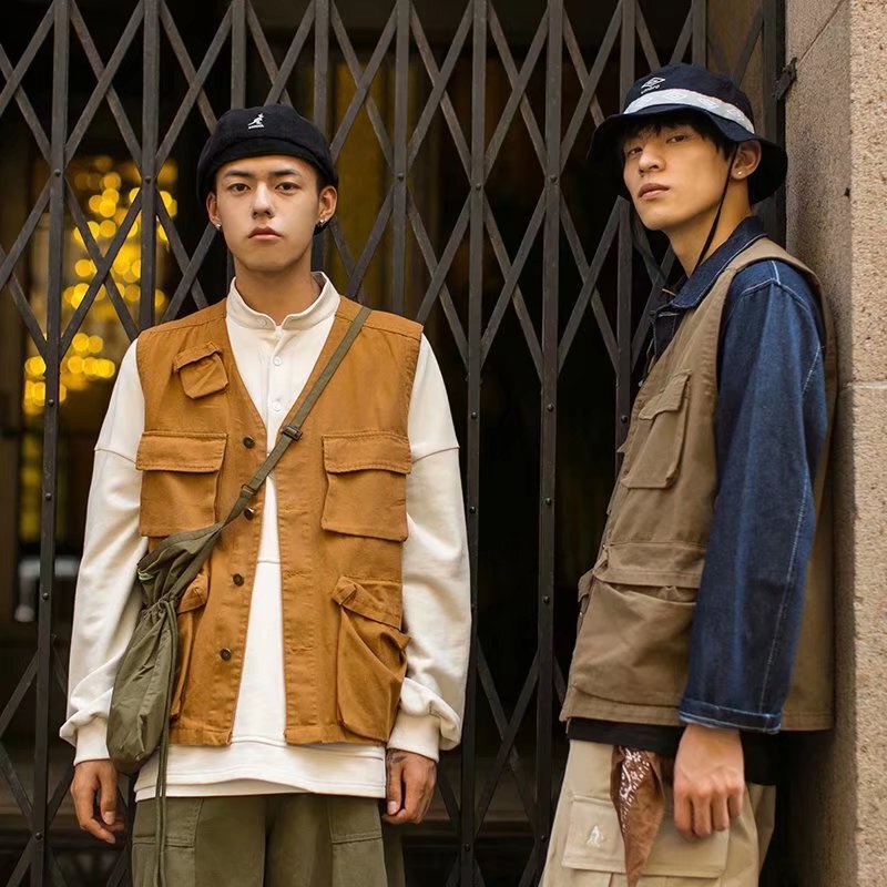 Tooling Style Japanese Style Vest Vest Multi-Pocket Vest Men's Retro Loose Fashionable Distinctive Jacket Outer Wearing Waistcoat Tooling Style Japanese Style Vest Vest Multi-Pocket Vest Men's Retro Loose Fashionable Distinctive Jacket Outer Wearing Waistcoat