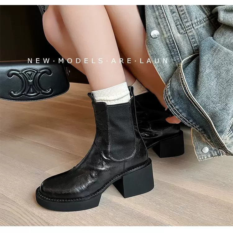 Овчинная версия ~ Винтажные сапоги на высоком каблуке женские кожаные сигаретные трубочки Мартин сапоги тонкие складки толстые каблуки Челси сапоги