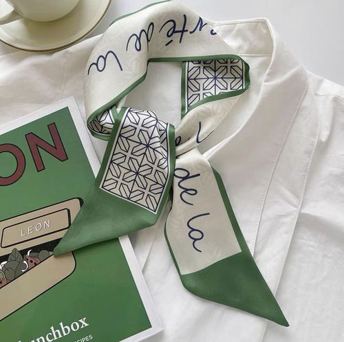 Small green silk scarf for women showing whiteness and tenderness in spring and summer thin narrow ribbon hair tie hair tie bag decoration long scarf