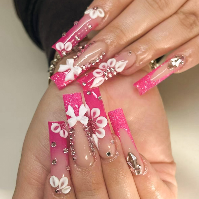Cross-border New Wearable Long Water Pipe Nail Pieces French Pink Broken Diamond Bow Wearing Nail Patch Nail Pieces