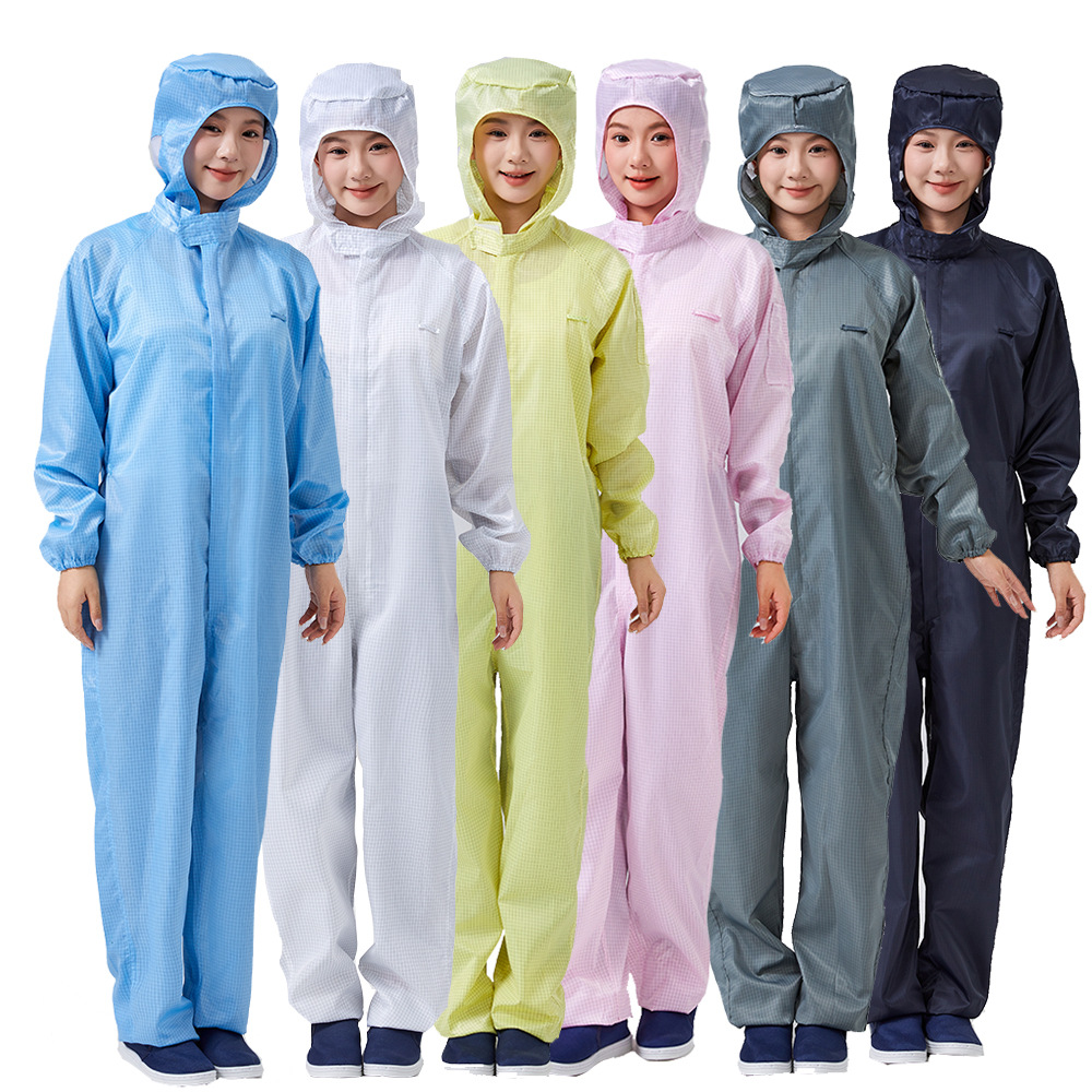 防静电网格连体服电子厂格子连帽无尘服套装静电衣男女防尘工作服
