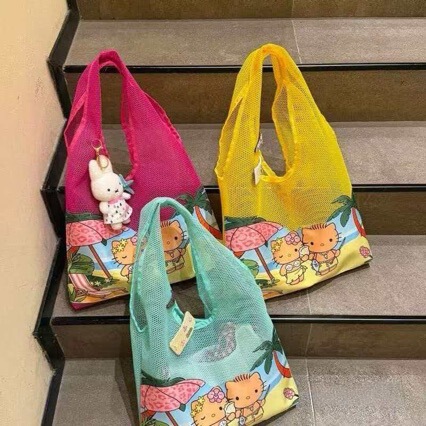 New bright dopamine-colored cartoon print large-capacity shoulder bag, ins-style girly beach tote bag