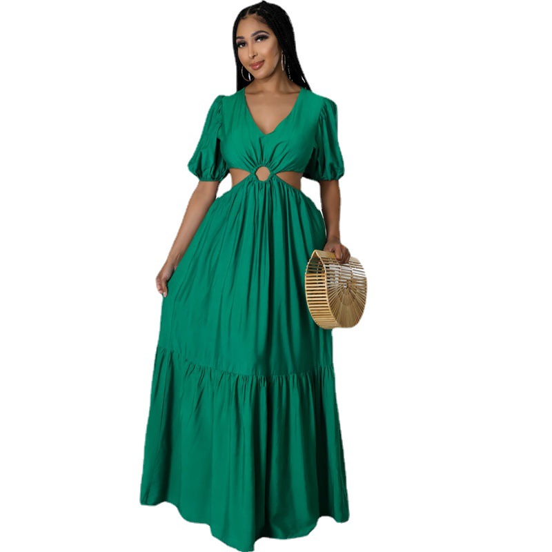 Primavera y verano fuera de hombro grande swing temperamento cercanías color sólido Hong Kong estilo sexy vestido ropa de mujer