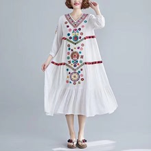 春季民族大擺型薄款棉白色連衣裙印花緊身國風復古棉麻裙裝
