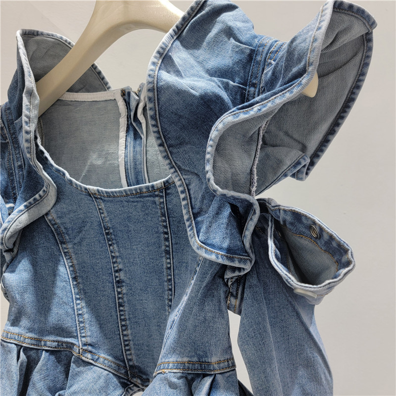 Primavera y verano nuevo estilo de moda estereoscópico borde de hoja de loto abierto mangas largas delgadas delgadas elásticas chaqueta de vaqueros image 4