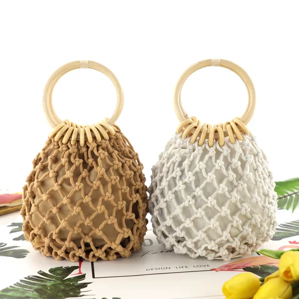 New Cotton Mesh Bag, Hand-tied Drawstring Woven Bag, Small Fresh Straw Bag, Casual Women's Bag, Beach Bag