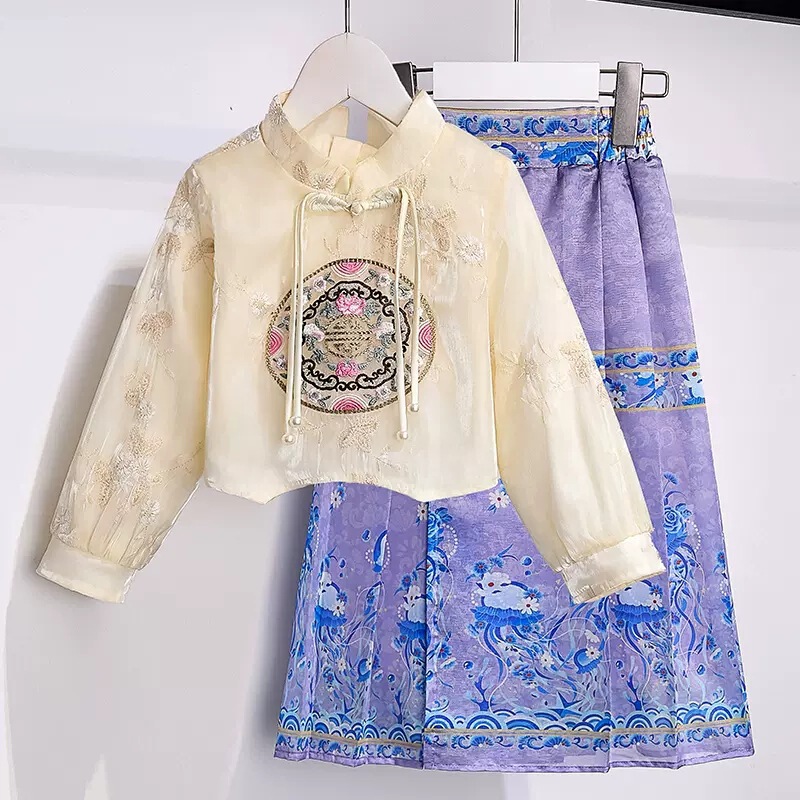 Girls' vest skirt suit Spring and Autumn new fashionable girl student Chinese style buckle Chinese style hanfu skirt autumn clothing