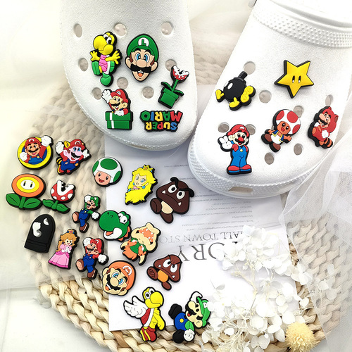[Mario] Crocs Shoe Buckle Popular Game Cartoon Crco Shoes Flower PVC Shoes Accessories Set