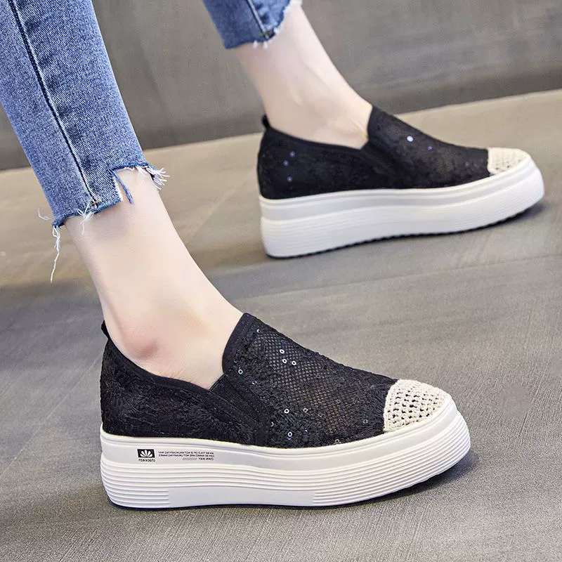 Обувь без шнуровки для рыбака, Женская дышащая кружевная обувь с толстой подошвой из сетки, новинка 2023 года, весенне-летняя обувь для ленивых, женская обувь с внутренней высотой