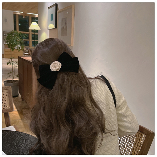 2pcs Bow hairpin female black retro camellia velvet headdress Korean hair accessories back head clip hairpin