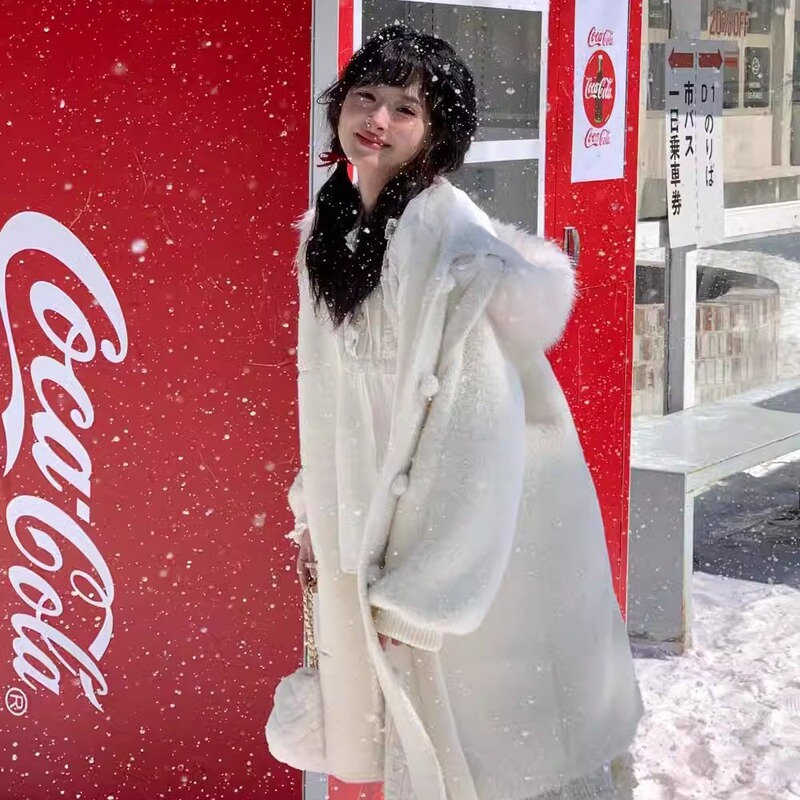 Salted fish wardrobe White faux mink velvet coat for women autumn and winter sweet small long plush cat ear hooded coat