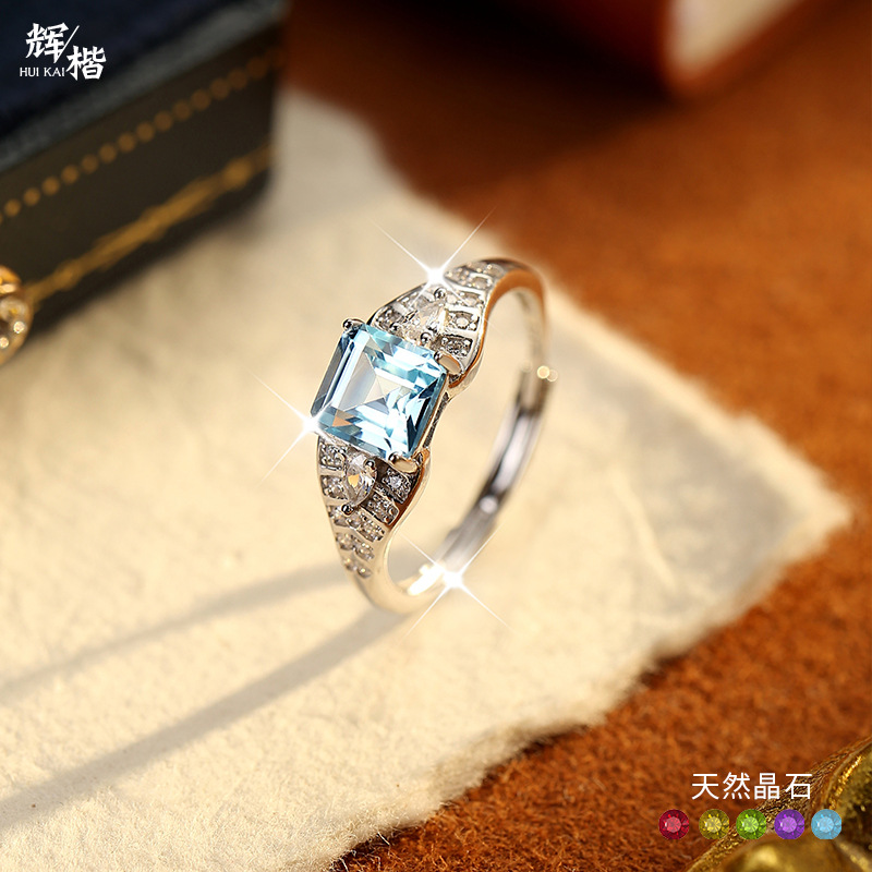 Natural Crystal Stone Hand Jewelry S925 Sterling Silver Ring Women's Square High-End Cross-Border Hot Selling European and American Style Open Ring