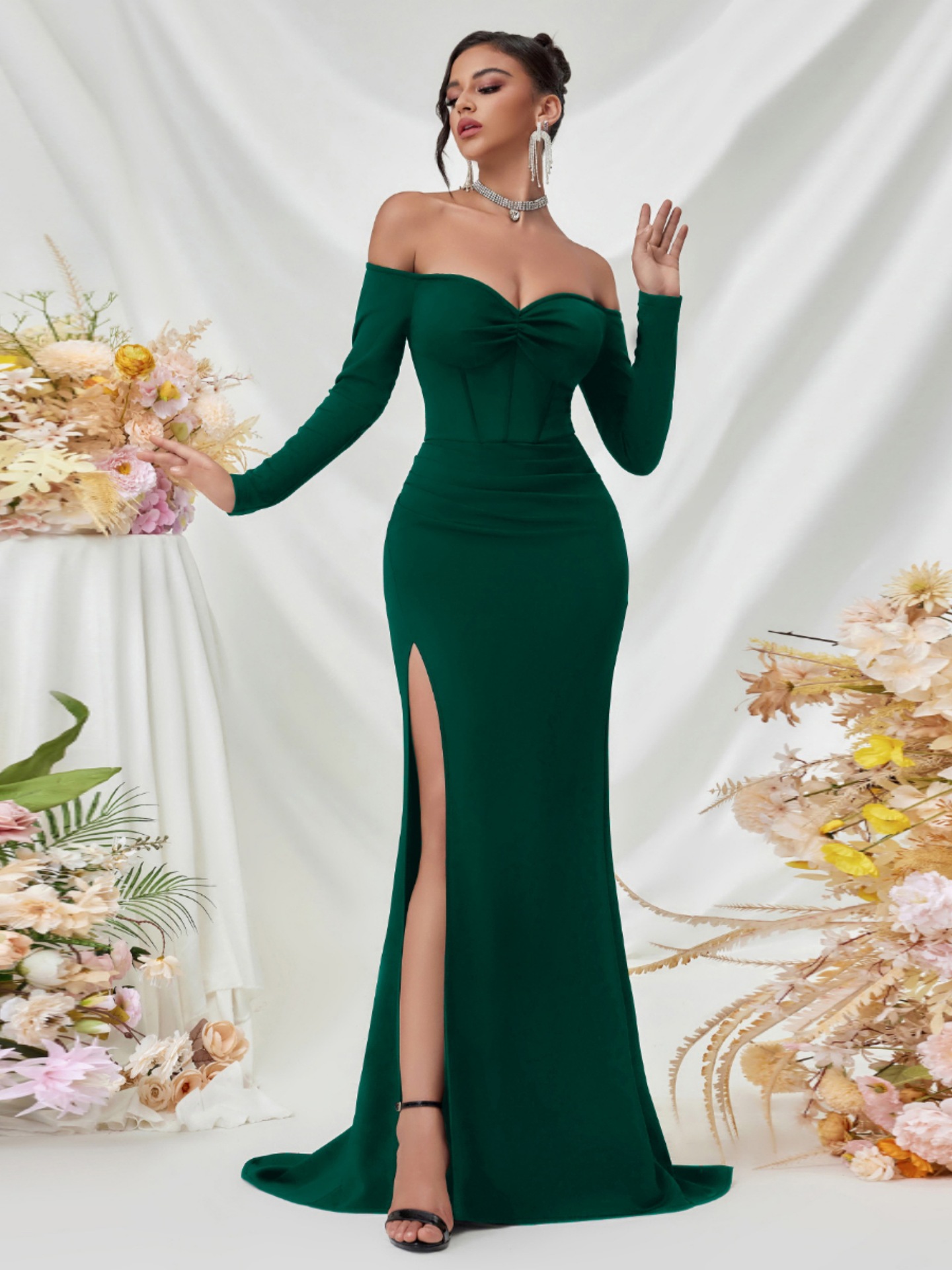2025 falda de trapeador sexy de manga larga europea y americana transfronteriza de color sólido con horquilla alta y delgada falda de vestido de dama de honor de fiesta sin tirantes image 1