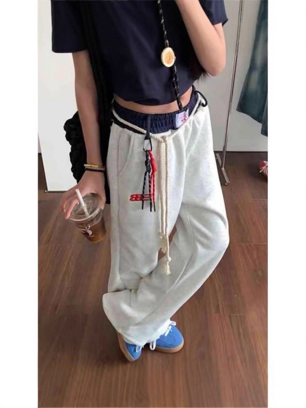 jennie同款小标绑带撞色腰可束脚直筒裤女秋季新款宽松情侣休闲裤|undefined