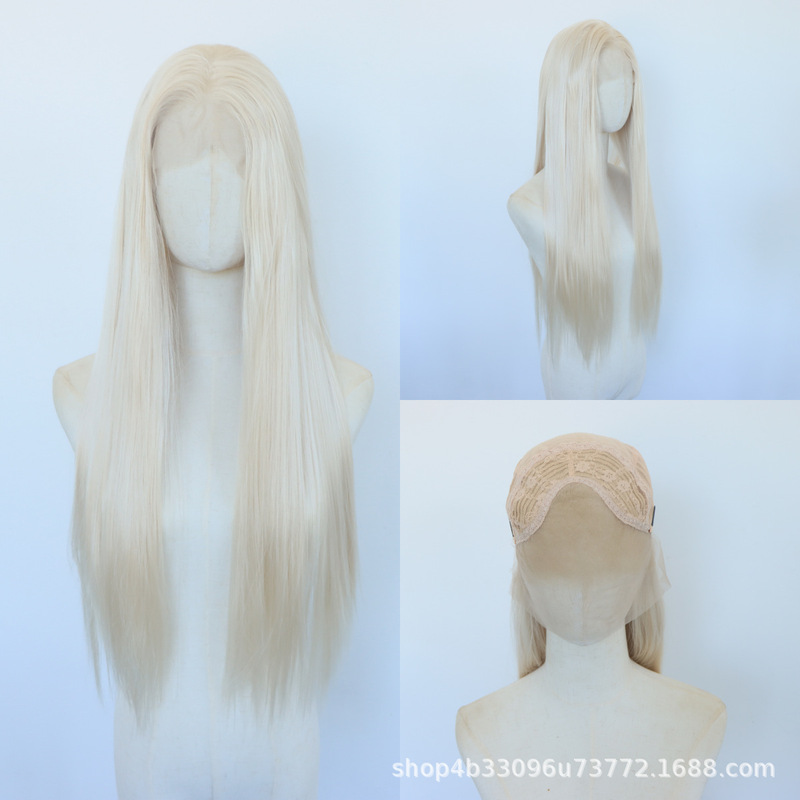 Platinum blonde hand-tied front lace wig with middle parting, versatile long straight blonde hair full wig Platinum blonde hand-tied front lace wig with middle parting, versatile long straight blonde hair full wig