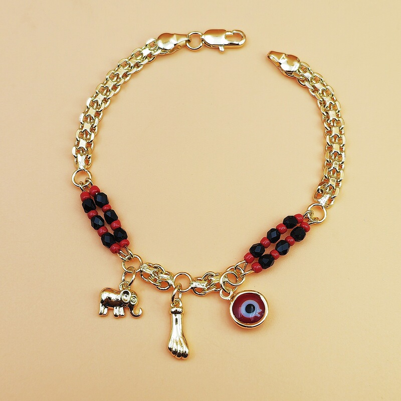 Cross-border Hot Sale Bohemian Style Red and Black Beaded Devil's Eye Elephant Bracelet Copper Plated with 14K Gold