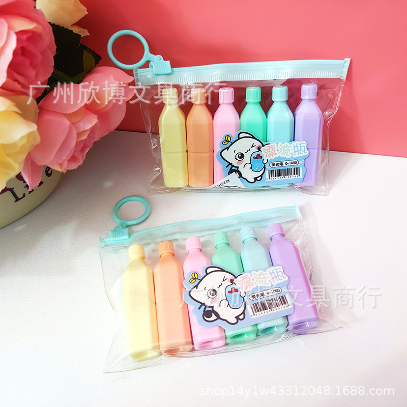 Exaltador de modelado de dibujos animados múltiples, 6 bolsas, diagonales, notas, puntos clave, estudiantes de primaria, marcadores, graffiti