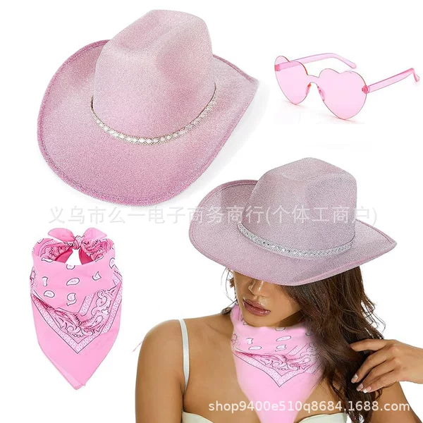 in stock glitter diamond strip western cowboy hat three-piece set carnival party silver powder love glasses silk scarf suit