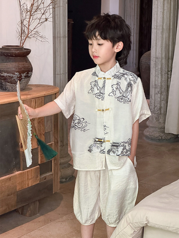 男童套装2025夏季中国风立领洋气上衣儿童山水提花短袖一件代发潮|undefined