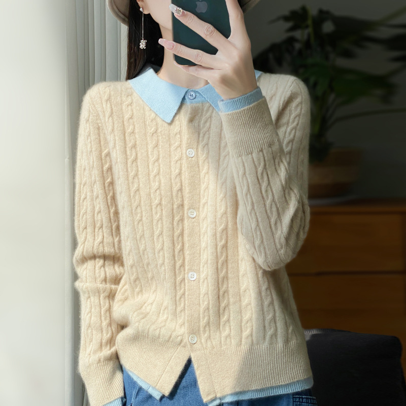 100% Wool 2026 Autumn/Winter New Women's Polo Collar Cable Knit Short Color Block Knit Cardigan Base Layer Outerwear