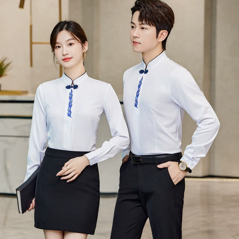 Комбинезоны Рубашка с длинными рукавами Женская весенне-осенняя темпераментная профессиональная белая рубашка в китайском стиле Чайный домик Ресторан Официант Светильник костюм