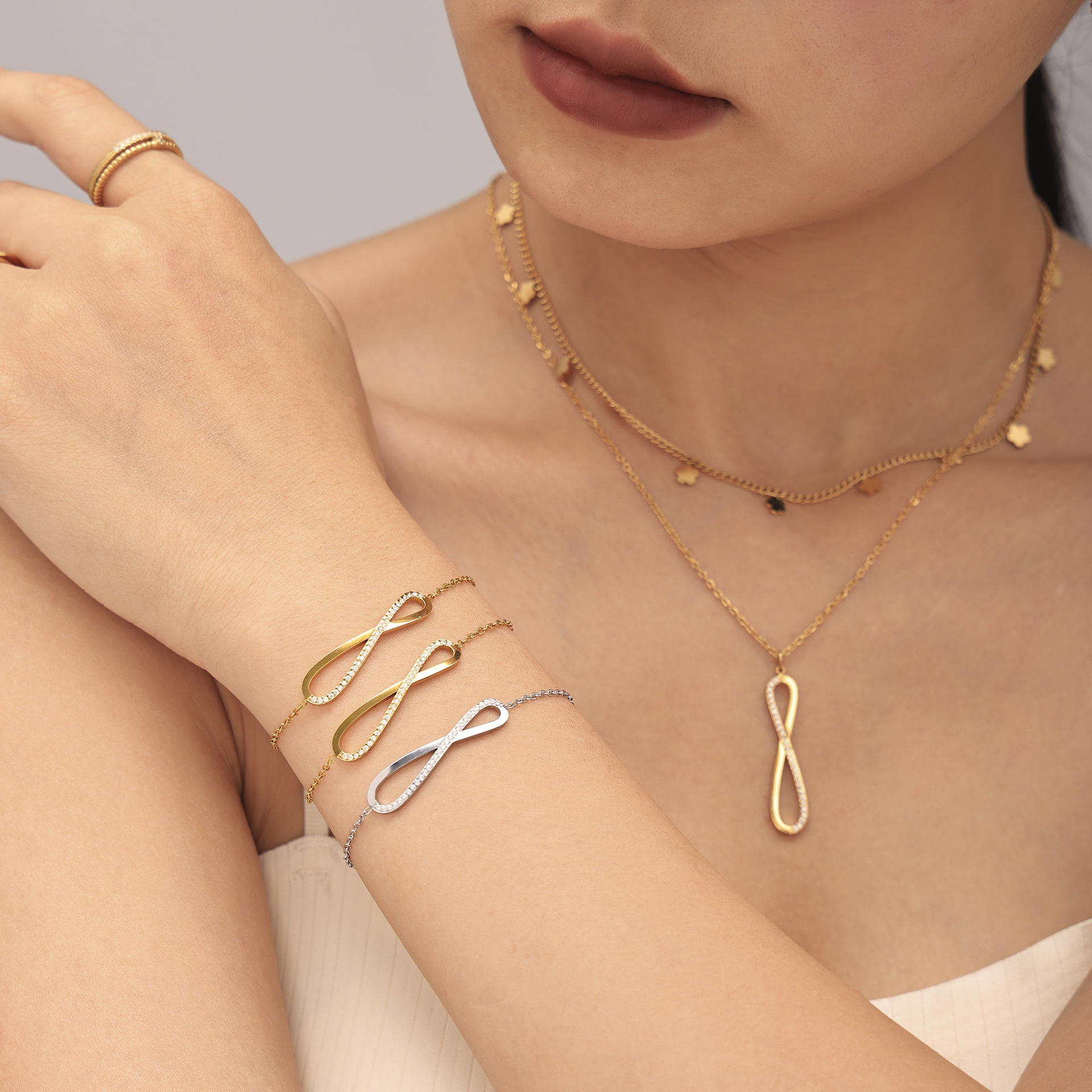 Square Sugar Jewelry Stainless Steel Zircon CNC Diamond Set 8-Character Long Necklace Bracelet Design Versatile Set_voghion.com