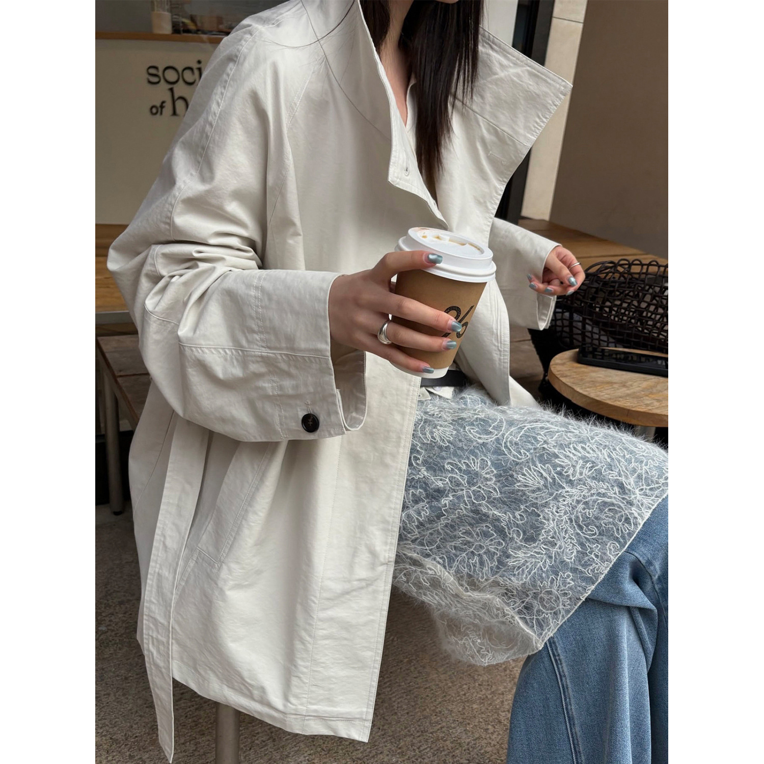 TG 清冷文艺感 中长款A字廓形系腰带立领风衣外套女2026春款26184