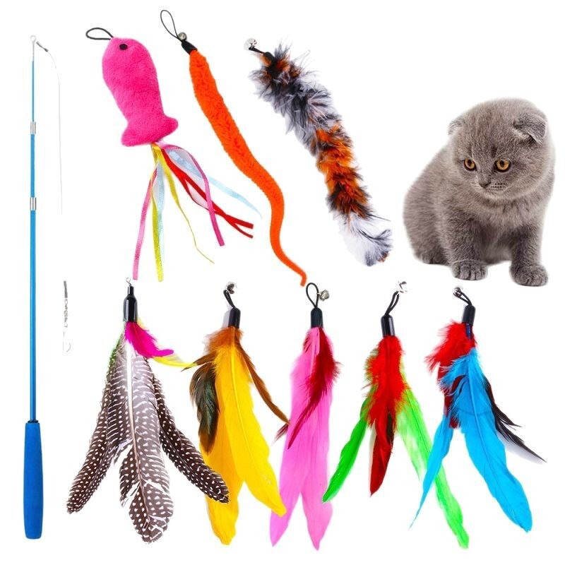 Pet Cat Toy Set with Caterpillar, Pearl, and Feather Replacement Heads, Extendable Cat Fishing Rod Toy