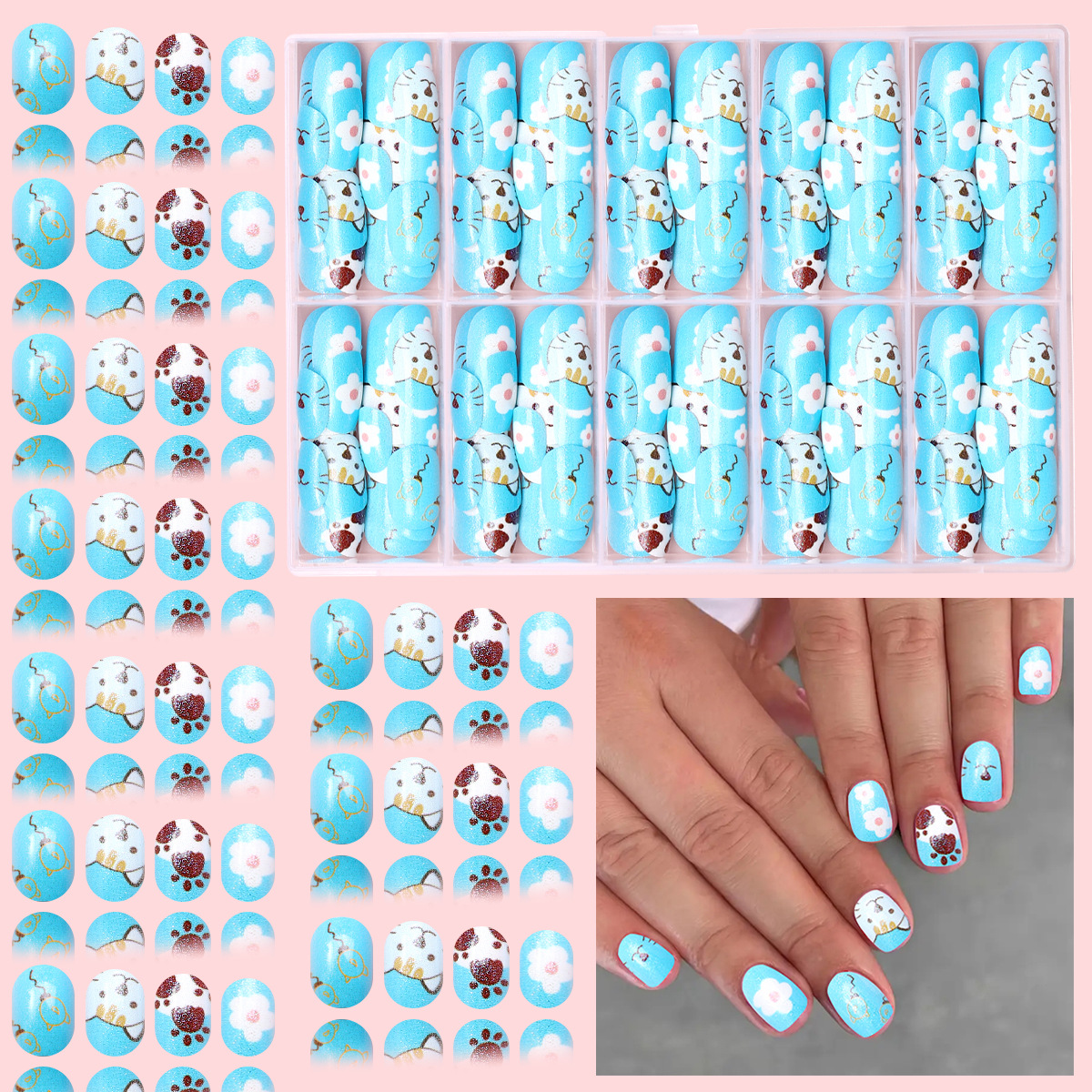 Nuevo niño impresión UV desgaste de uñas 120 piezas de caja de uñas falsas lindas dibujos animados mezclados parches de uñas