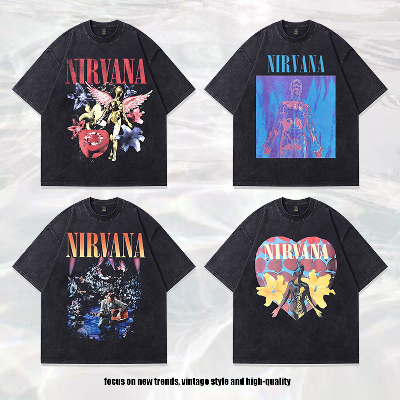 230g Cotton Vintage European Size Short-Sleeve Washed Retro T-Shirt High Street Band Vintage Men's Printed European and American Men's Clothing