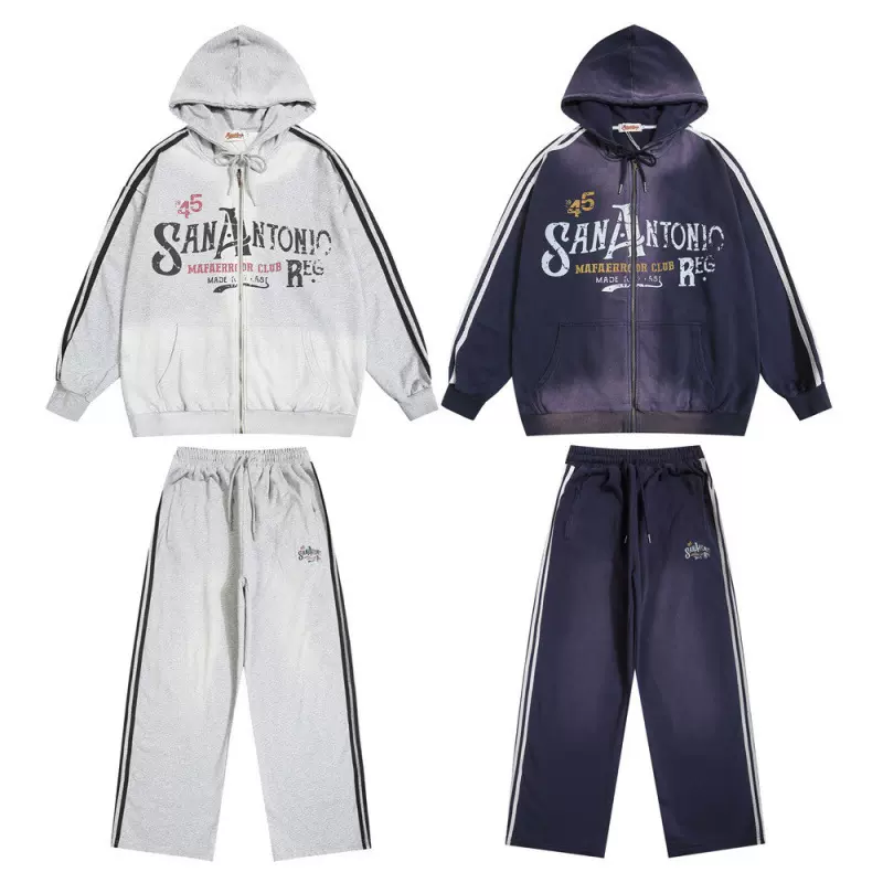 春秋男装潮牌喷绘字母连帽卫衣外套休闲长裤侧边条纹拼色运动套装