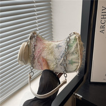 2025洋气时尚设计休闲个性渐变星星牛仔布链条斜挎单肩小方女包