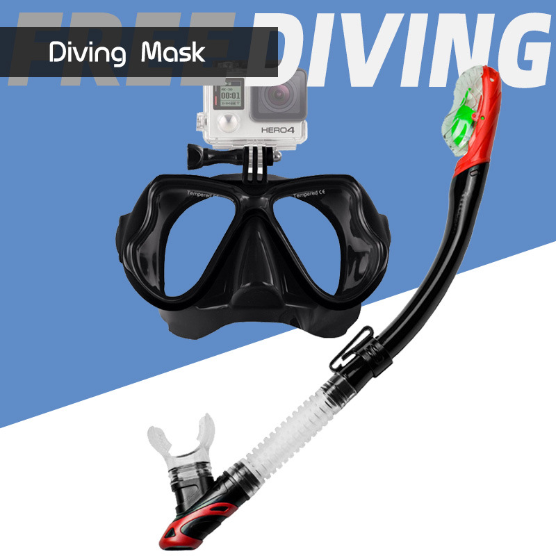 Adult tempered glass silicone diving mirror full dry breathing tube mask snorkeling suit equipment with camera holder