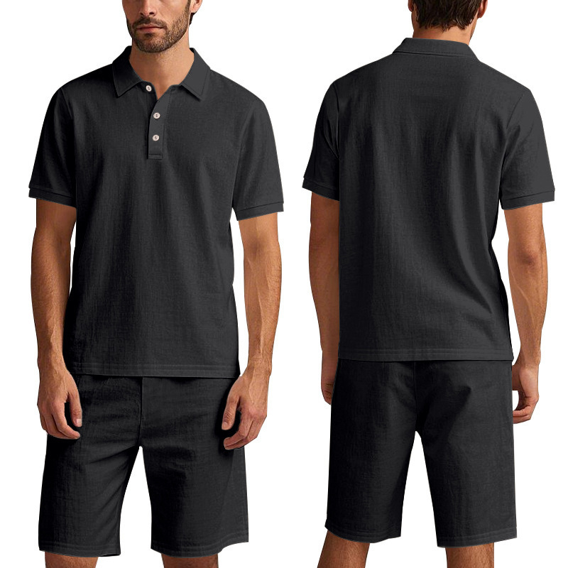 Transfronterizo Amazon americano verano hombre relajado lino transpirable polo camisa de playa manga corta pantalones cortos set