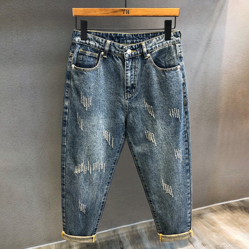 Circle High-end Retro Claw Mark Design Fashion Brand Cropped Jeans Men's Summer Loose Straight Pants American Style Circle High-end Retro Claw Mark Design Fashion Brand Cropped Jeans Men's Summer Loose Straight Pants American Style