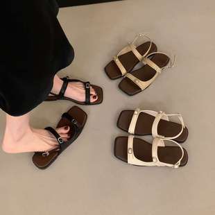Designed One-Word Belt Buckle Flats Roman Sandals for Women 2025 Summer New Style Seaside Vacation with Skirt Beach Shoes